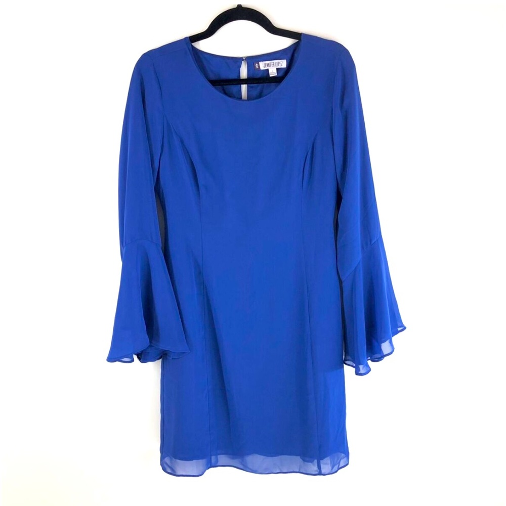 Jennifer Lopez Mini Dress Sheath Bell Sleeve Keyhole Back Blue Size 12